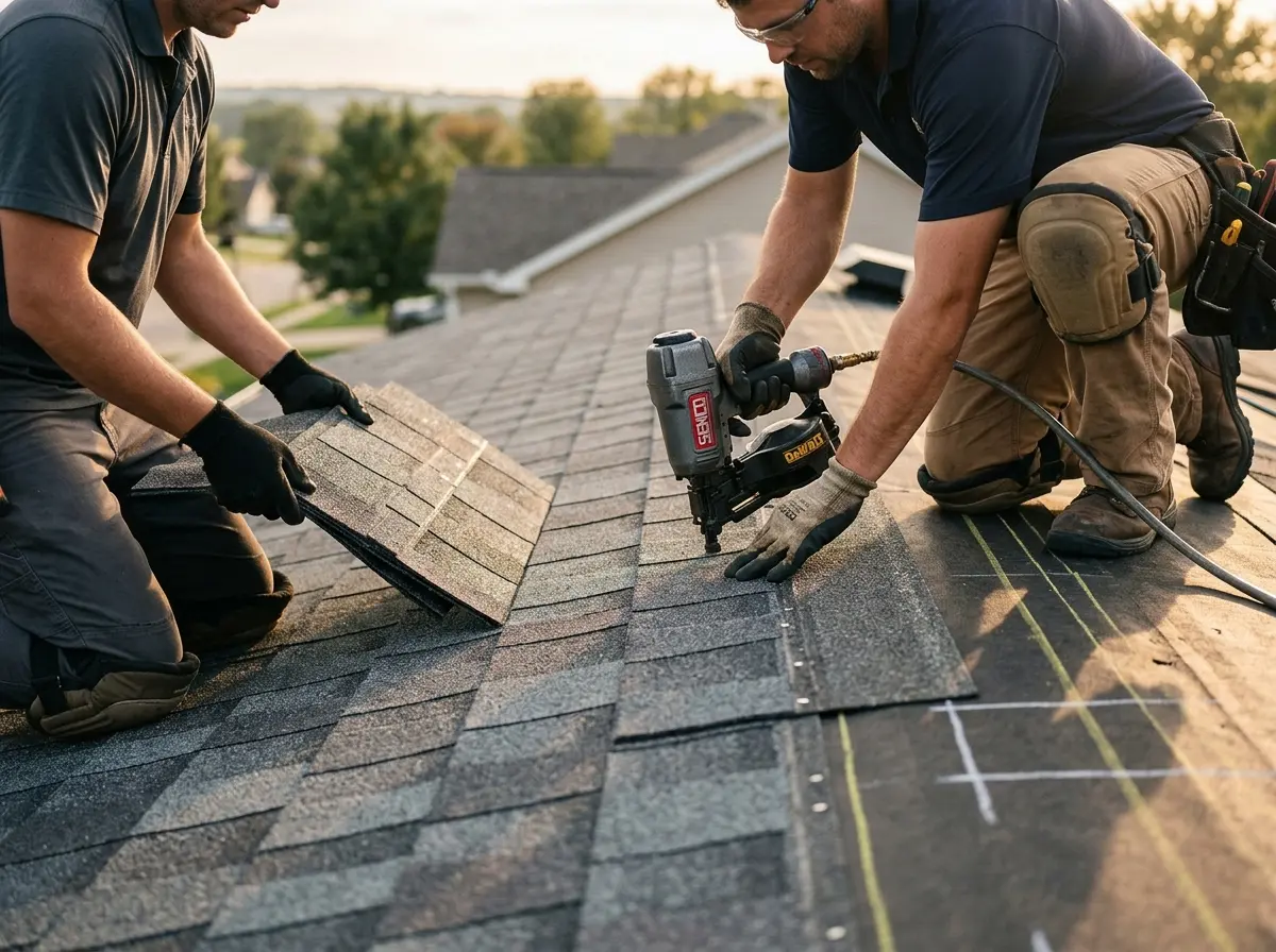 Professional roofer working on a residential roof in Beverly